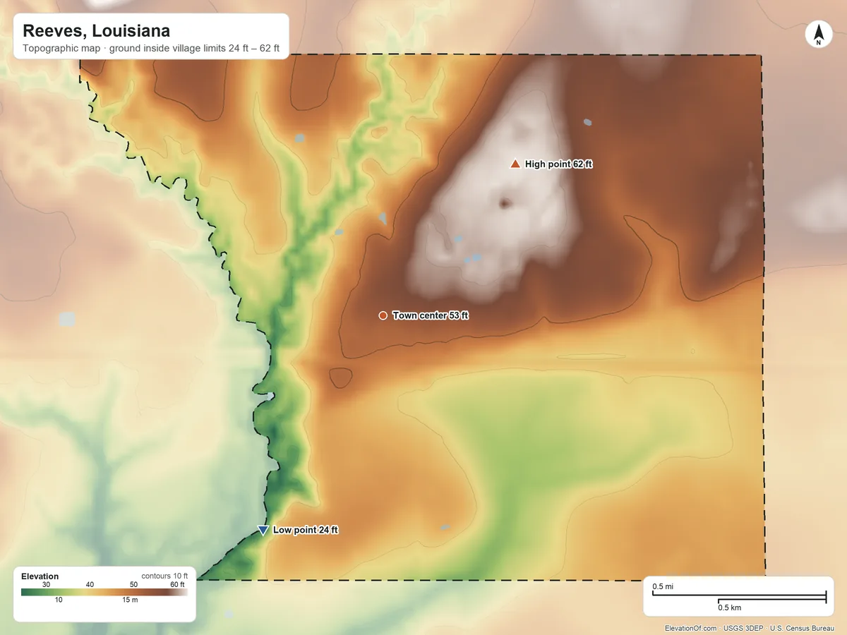 Topographic elevation map of Reeves, Louisiana, shaded from 24 ft on the southwest side to 62 ft on the northeast side