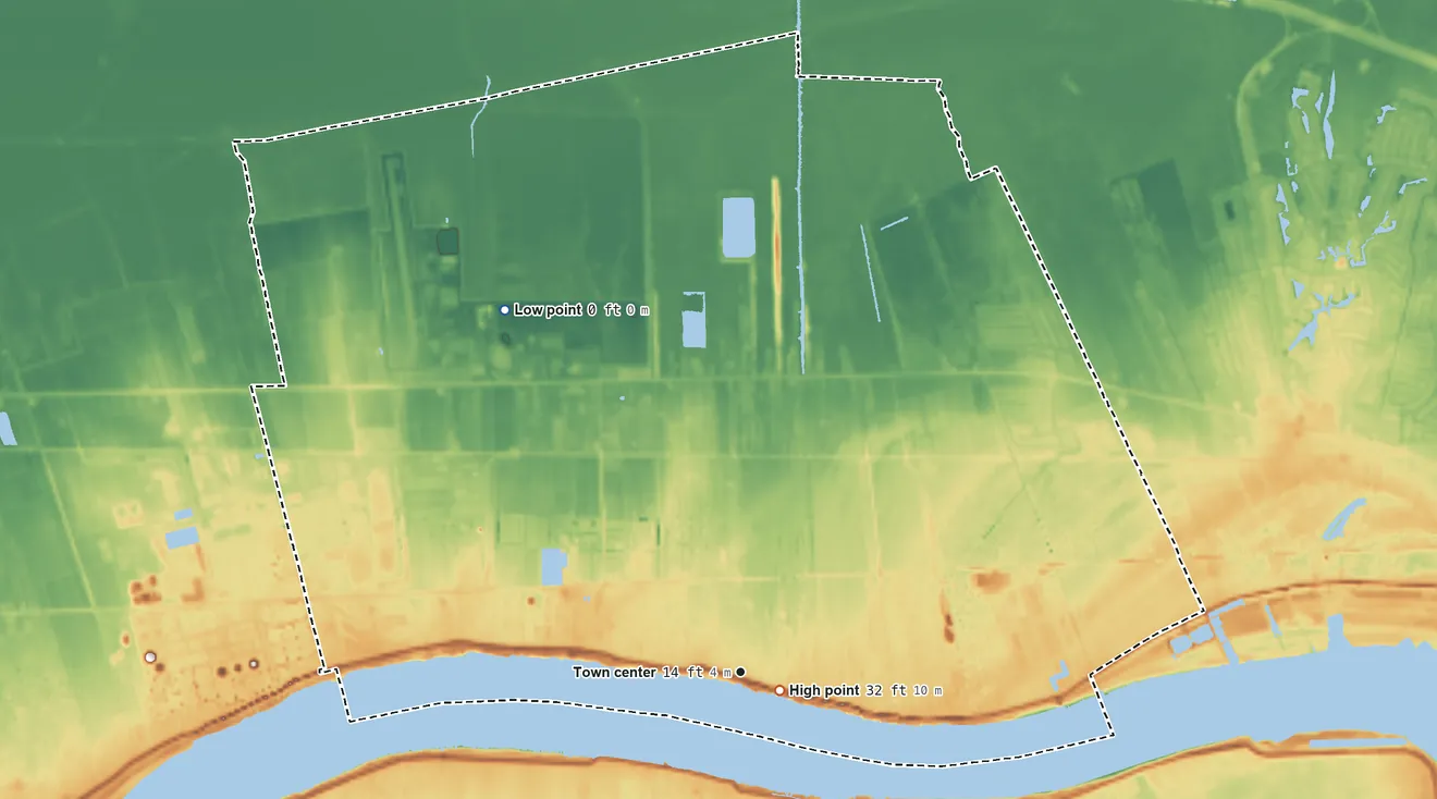 Topographic elevation map of Reserve, Louisiana, shaded from 0 ft on the northwest side to 32 ft near the middle