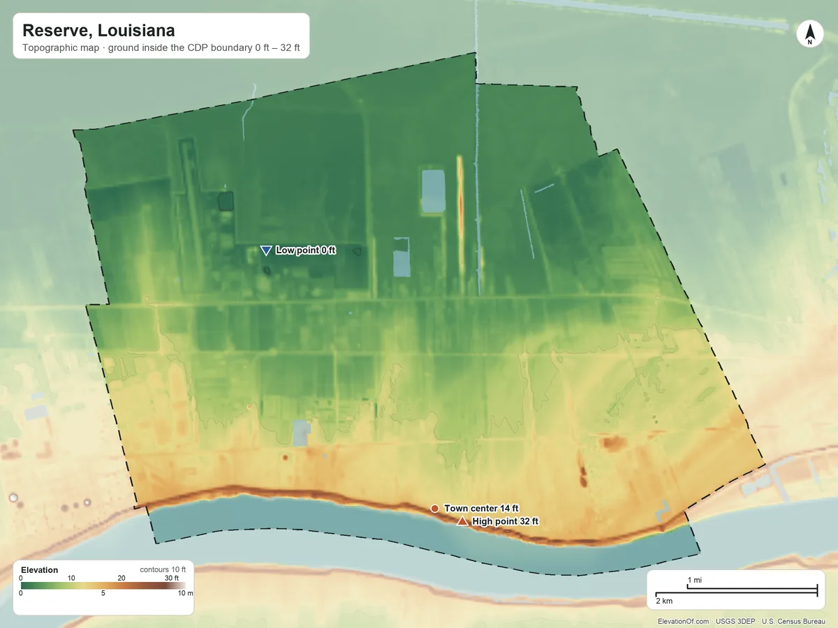 Topographic elevation map of Reserve, Louisiana, shaded from 0 ft on the northwest side to 32 ft near the middle
