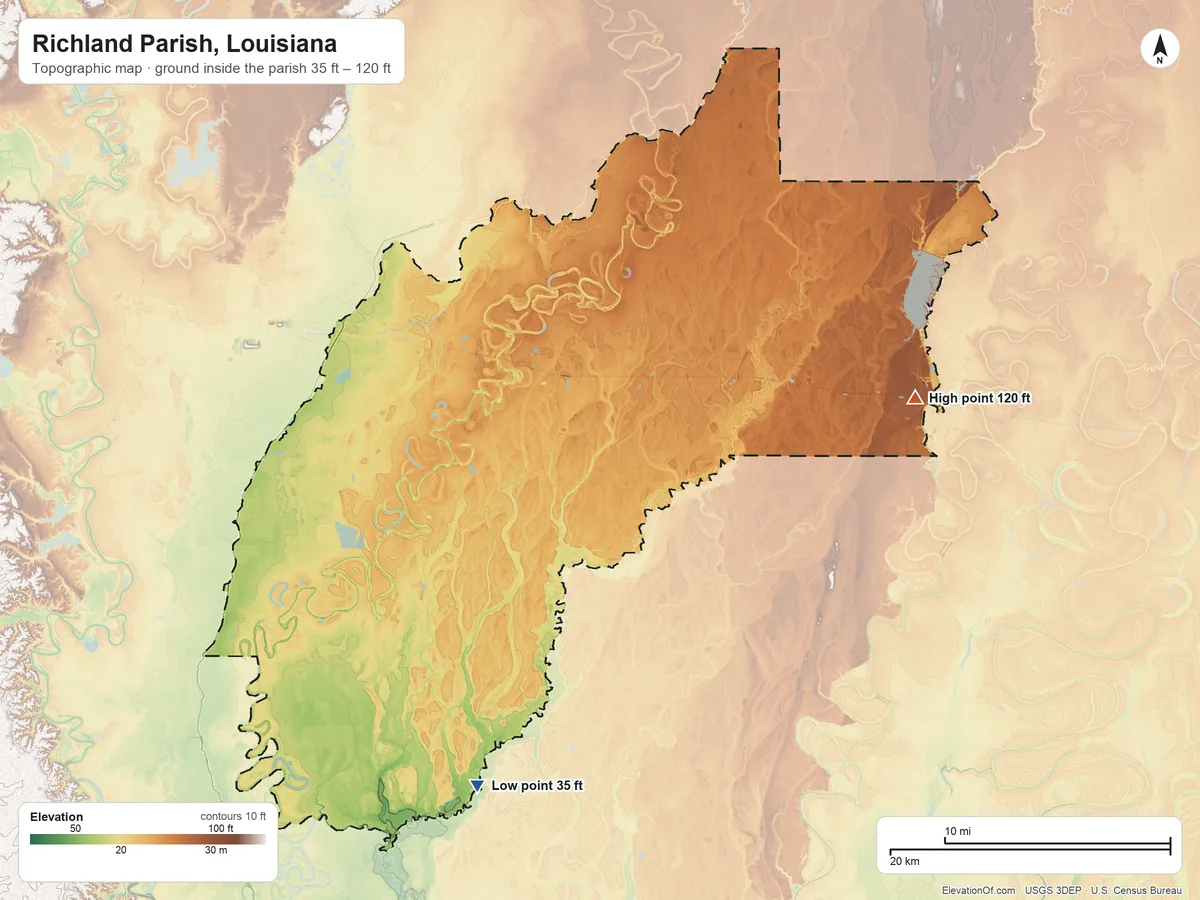 Topographic elevation map of Richland Parish, Louisiana, shaded from 35 ft on the south side to 120 ft on the east side