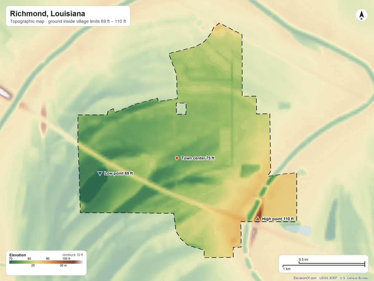 Topographic elevation map of Richmond, Louisiana, shaded from 69 ft on the west side to 110 ft on the southeast side