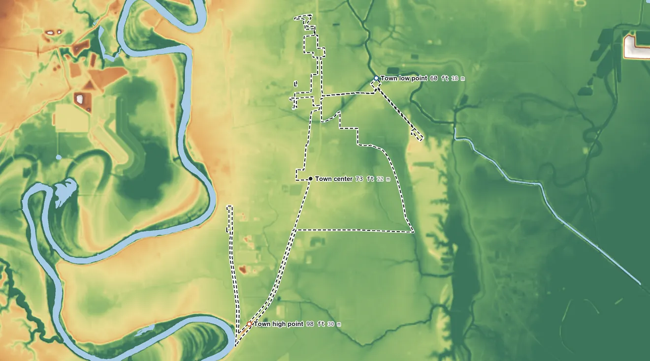 Topographic elevation map of Richwood, Louisiana, shaded from 60 ft on the northeast side to 98 ft on the southwest side