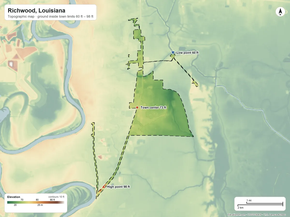 Topographic elevation map of Richwood, Louisiana, shaded from 60 ft on the northeast side to 98 ft on the southwest side