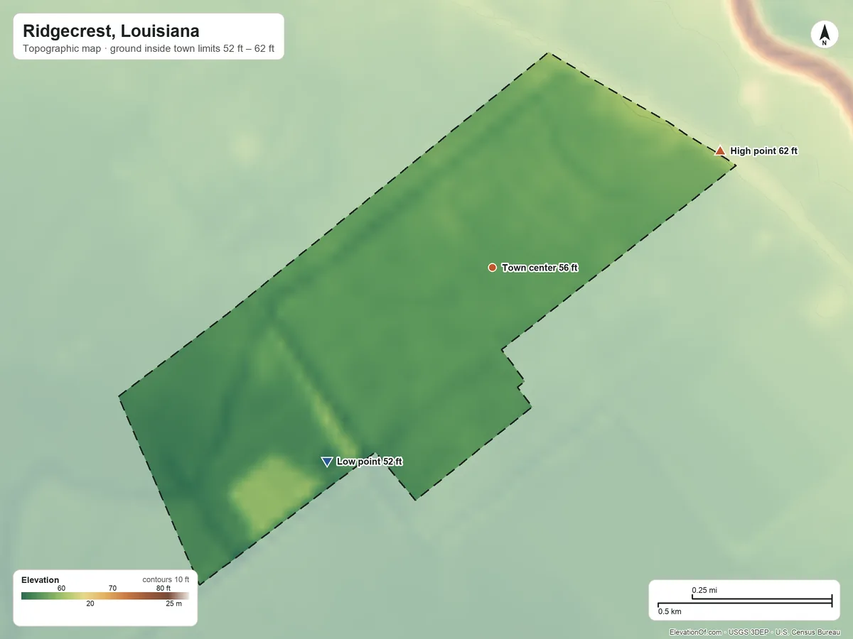 Topographic elevation map of Ridgecrest, Louisiana, shaded from 52 ft on the southwest side to 62 ft on the northeast side