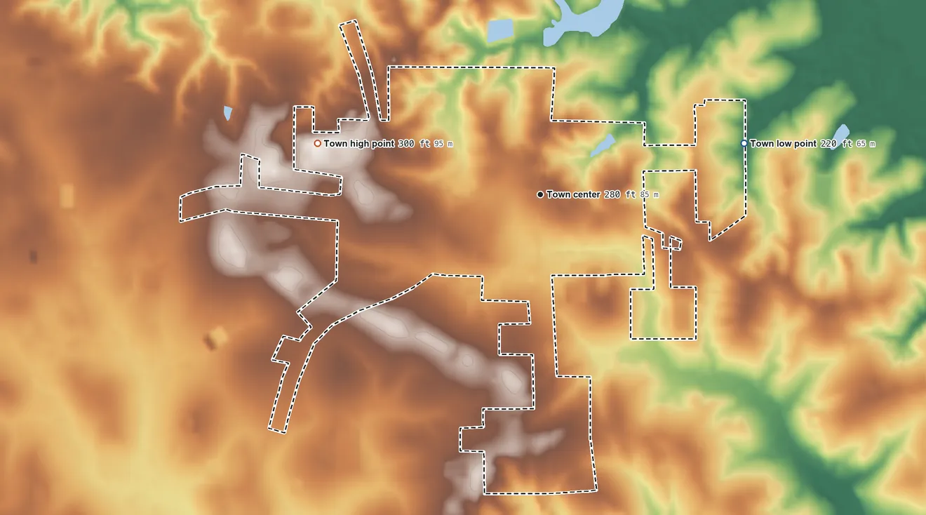 Topographic elevation map of Ringgold, Louisiana, shaded from 220 ft on the east side to 300 ft on the west side