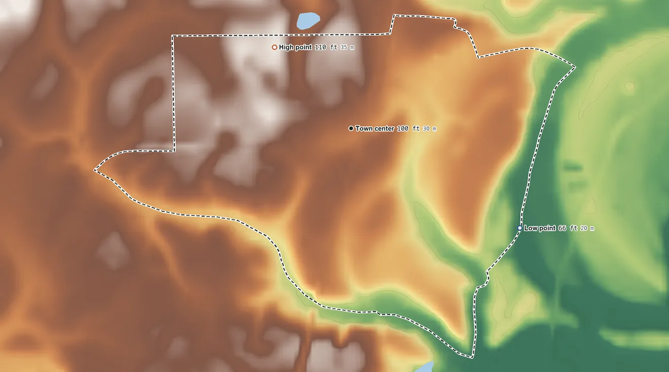 Topographic elevation map of Rio, Louisiana, shaded from 66 ft on the southeast side to 110 ft on the northwest side