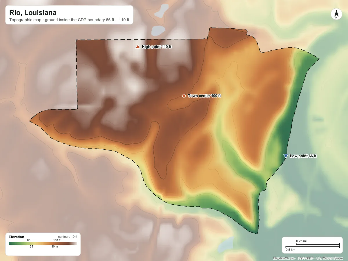 Topographic elevation map of Rio, Louisiana, shaded from 66 ft on the southeast side to 110 ft on the northwest side