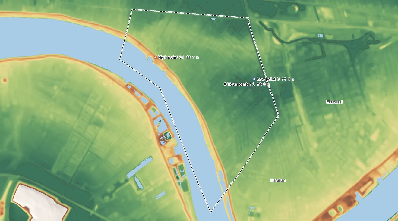 Topographic elevation map of River Ridge, Louisiana, shaded from 0 ft on the east side to 24 ft on the west side