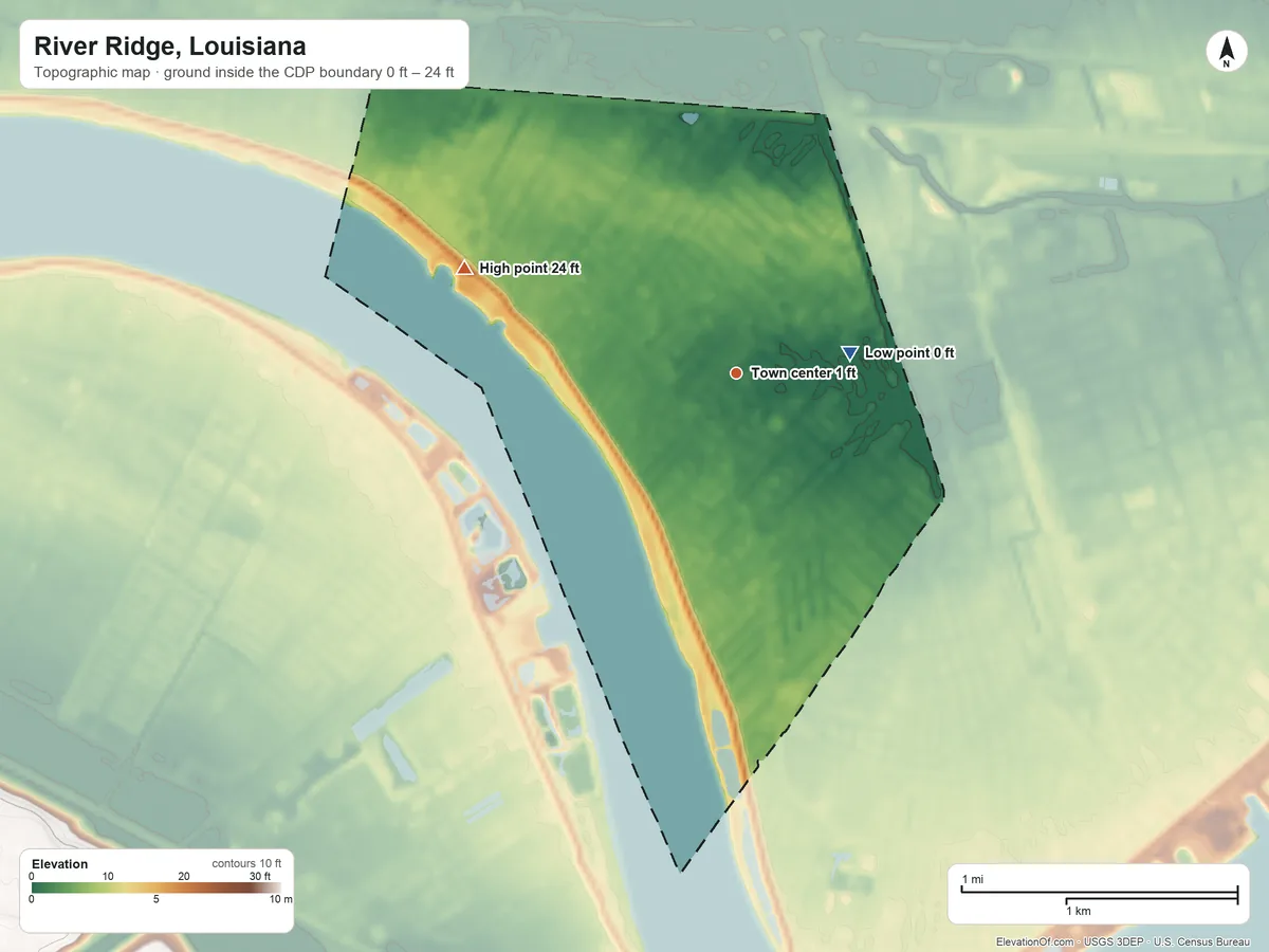Topographic elevation map of River Ridge, Louisiana, shaded from 0 ft on the east side to 24 ft on the west side