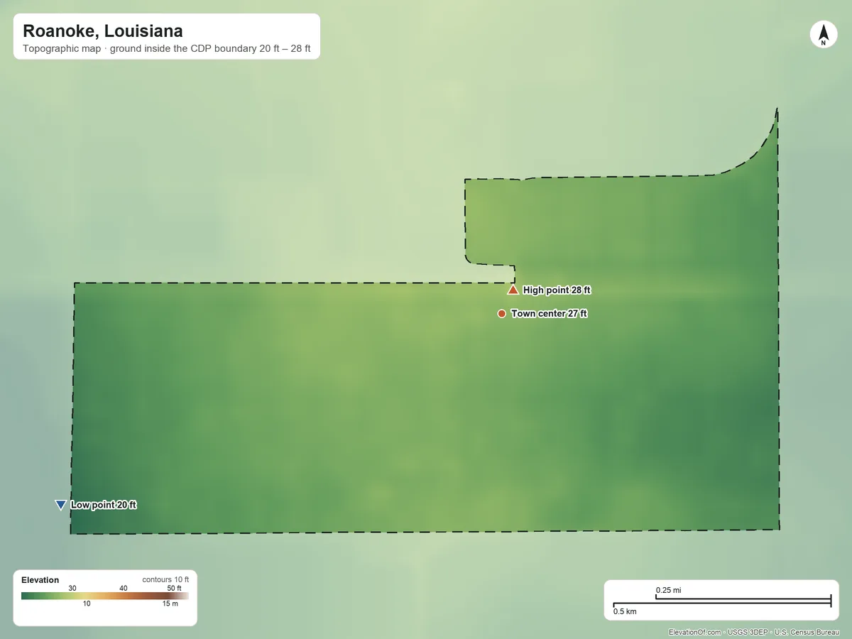 Topographic elevation map of Roanoke, Louisiana, shaded from 20 ft on the southwest side to 28 ft near the middle