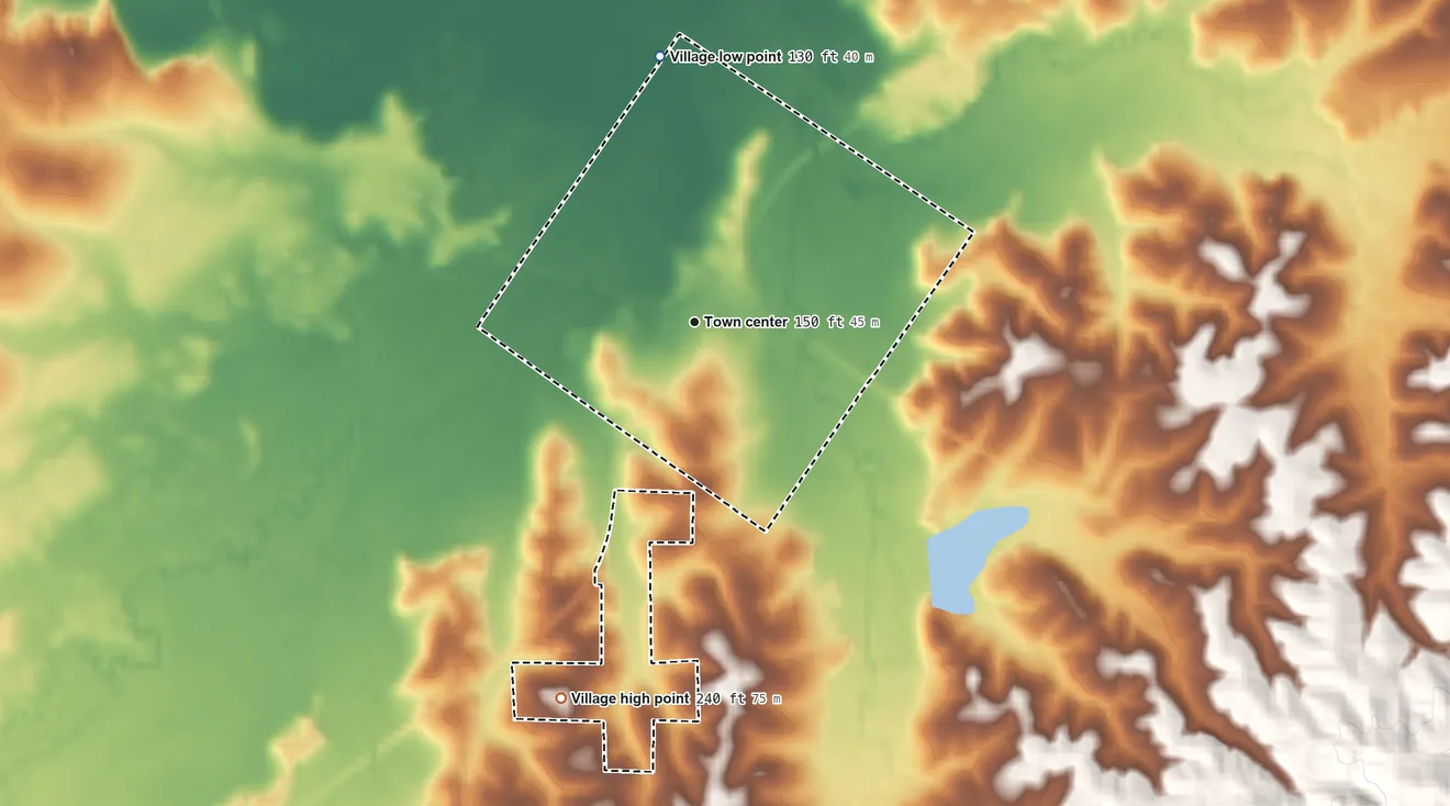 Topographic elevation map of Robeline, Louisiana, shaded from 130 ft on the north side to 240 ft on the south side