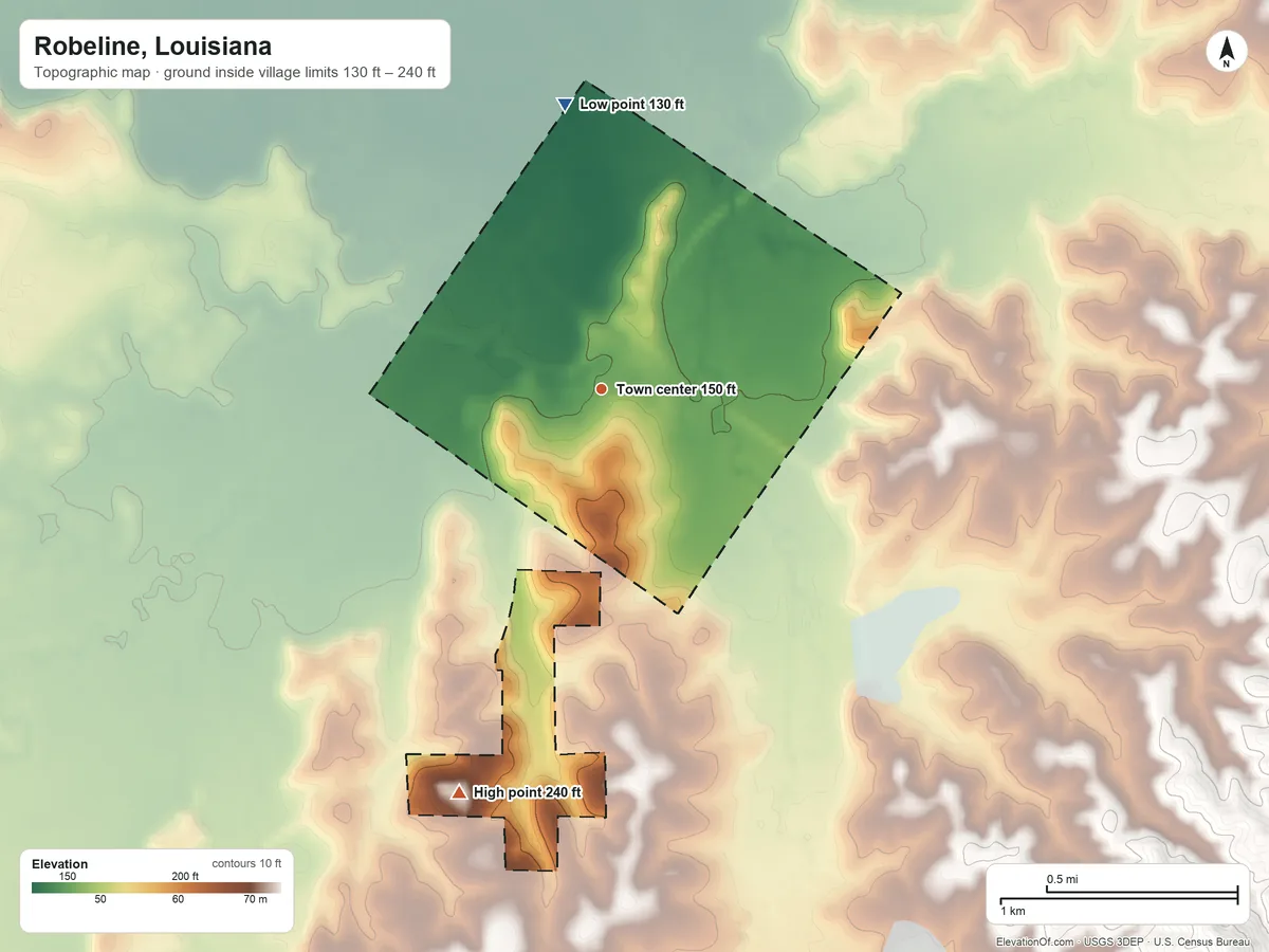 Topographic elevation map of Robeline, Louisiana, shaded from 130 ft on the north side to 240 ft on the south side