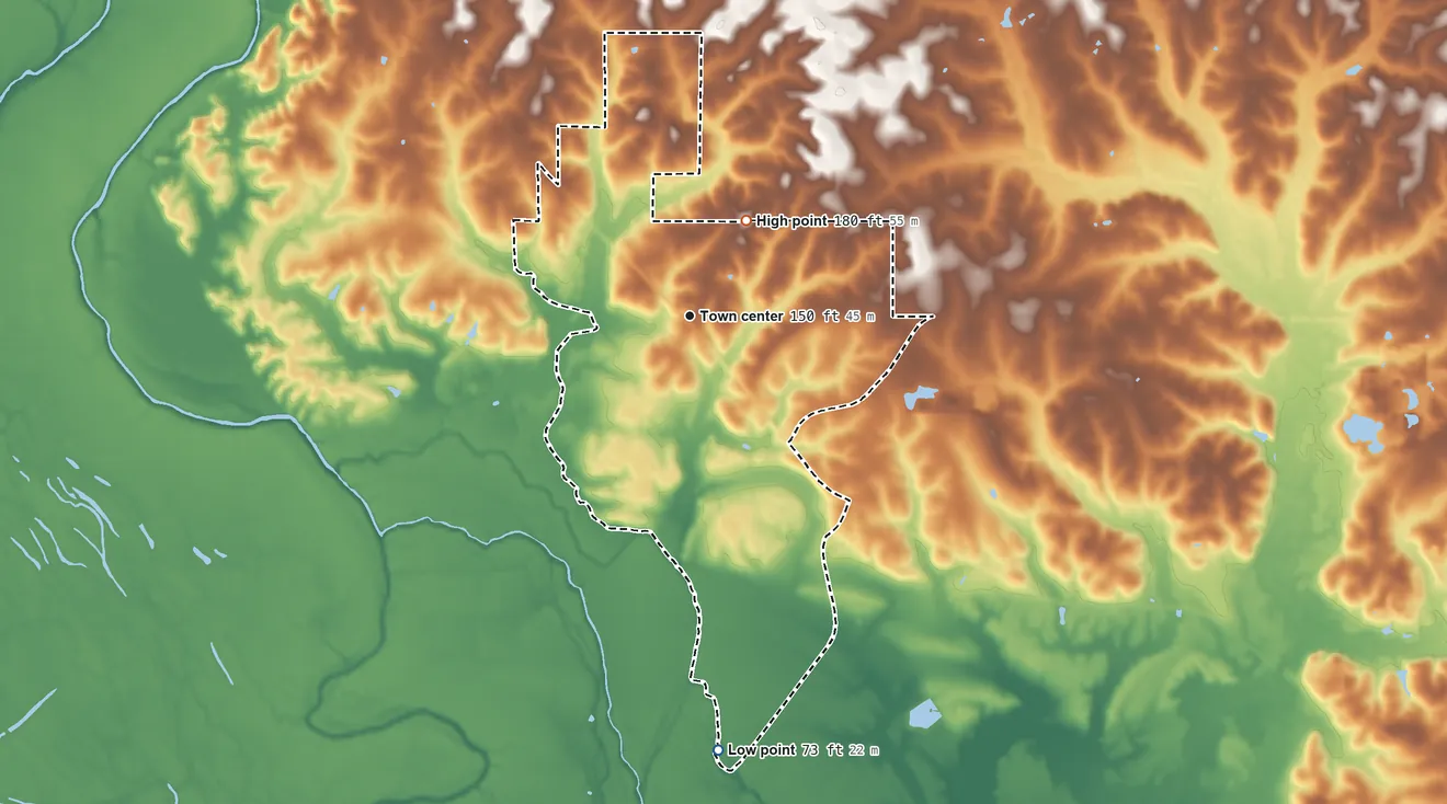 Topographic elevation map of Rock Hill, Louisiana, shaded from 73 ft on the south side to 180 ft on the northeast side