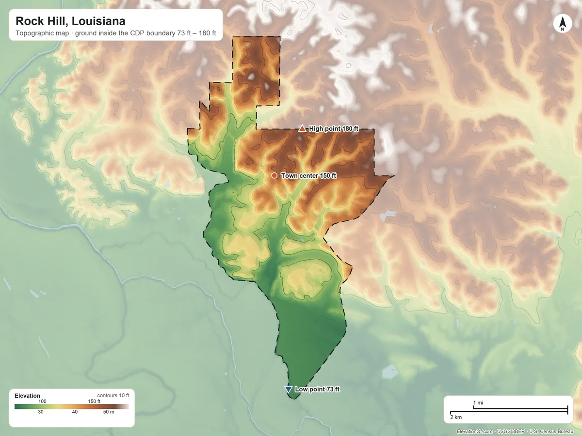 Topographic elevation map of Rock Hill, Louisiana, shaded from 73 ft on the south side to 180 ft on the northeast side