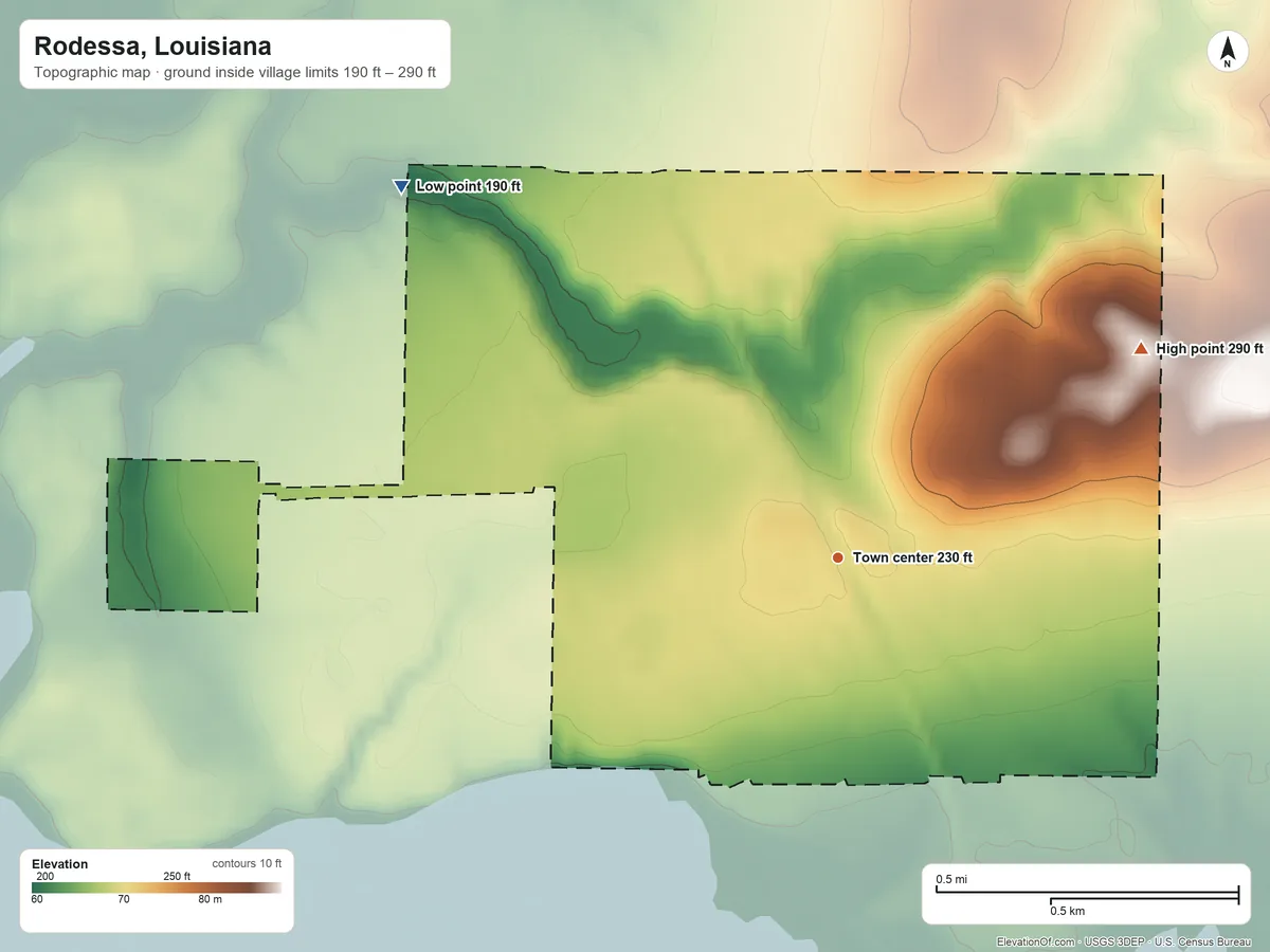 Topographic elevation map of Rodessa, Louisiana, shaded from 190 ft on the northwest side to 290 ft on the northeast side