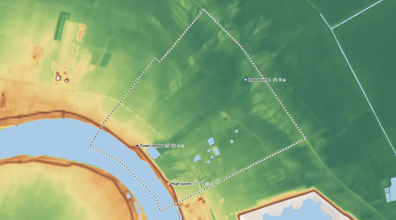 Topographic elevation map of Romeville, Louisiana, shaded from 1 ft on the northeast side to 37 ft on the southeast side