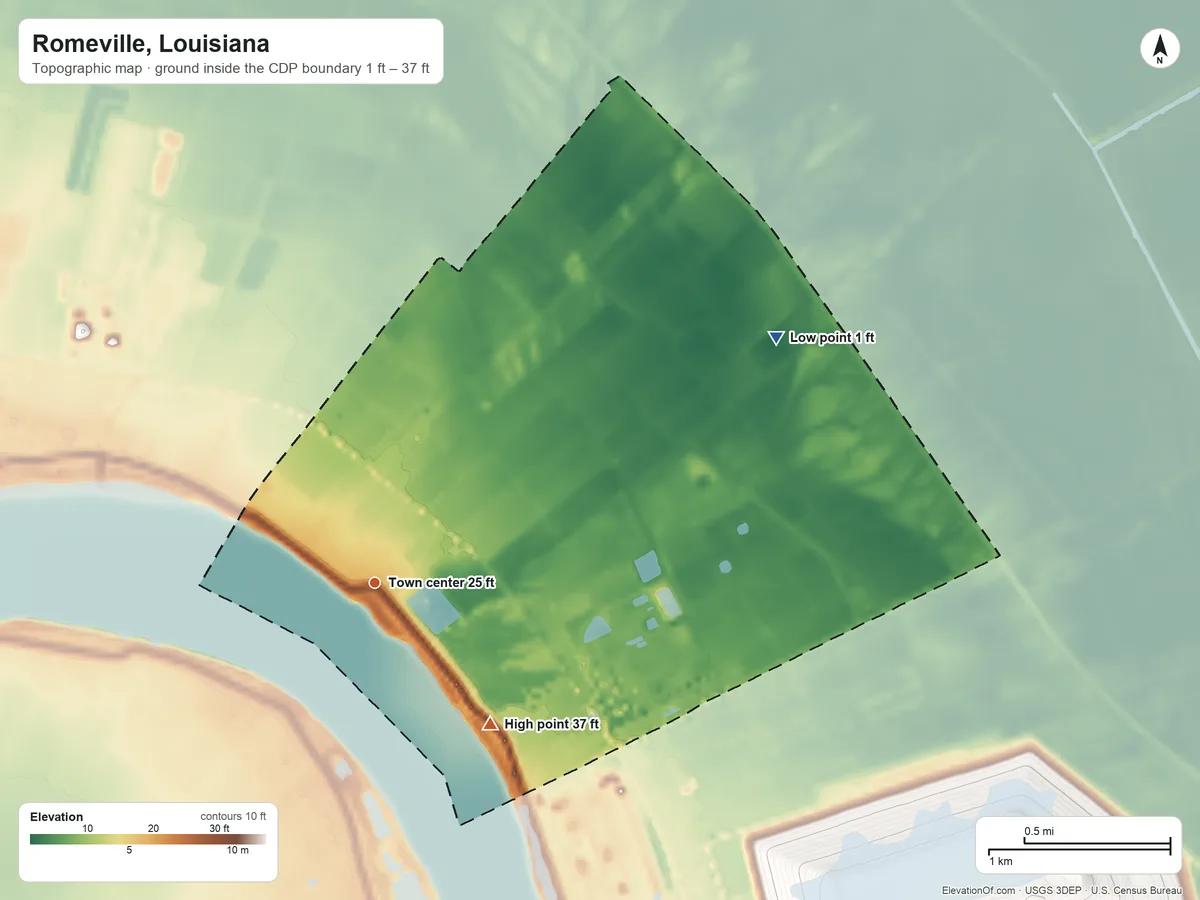 Topographic elevation map of Romeville, Louisiana, shaded from 1 ft on the northeast side to 37 ft on the southeast side