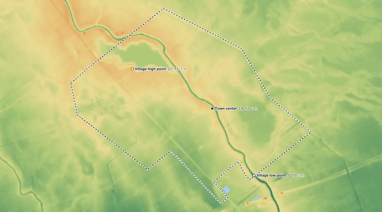 Topographic elevation map of Rosedale, Louisiana, shaded from 5 ft on the southeast side to 22 ft on the northwest side