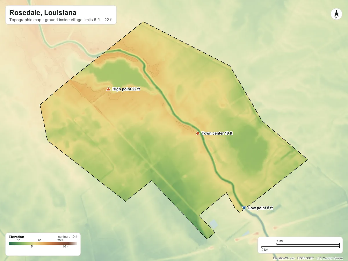 Topographic elevation map of Rosedale, Louisiana, shaded from 5 ft on the southeast side to 22 ft on the northwest side