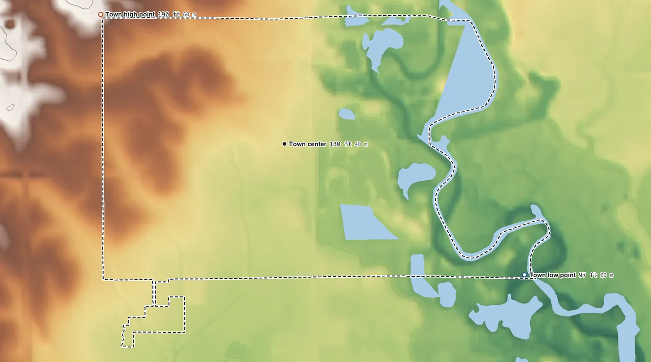 Topographic elevation map of Roseland, Louisiana, shaded from 97 ft on the southeast side to 190 ft on the northwest side