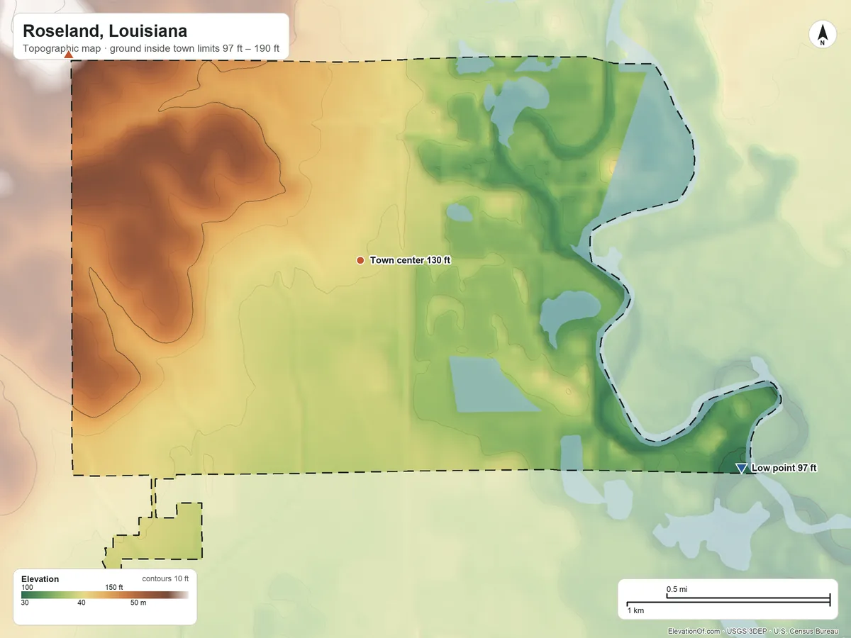 Topographic elevation map of Roseland, Louisiana, shaded from 97 ft on the southeast side to 190 ft on the northwest side
