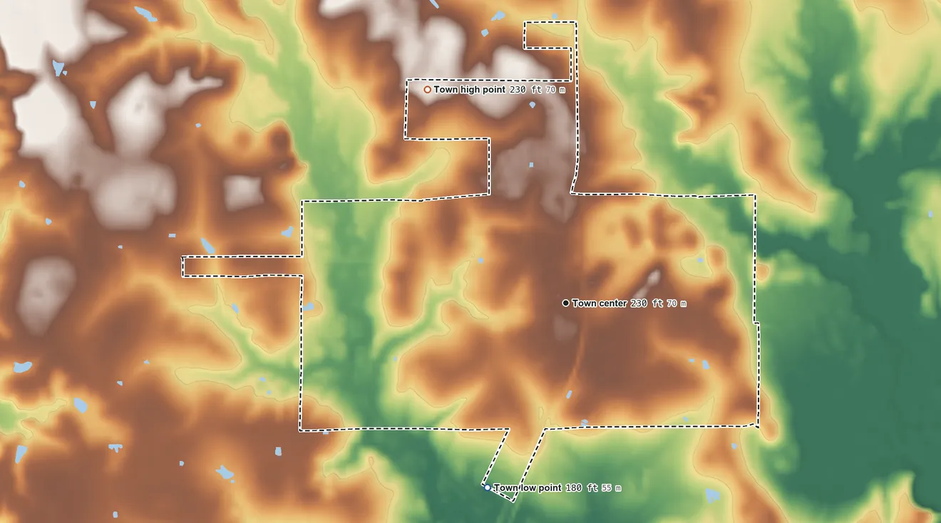 Topographic elevation map of Rosepine, Louisiana, shaded from 180 ft on the southwest side to 230 ft on the northwest side