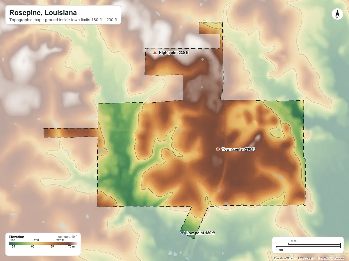 Topographic elevation map of Rosepine, Louisiana, shaded from 180 ft on the southwest side to 230 ft on the northwest side