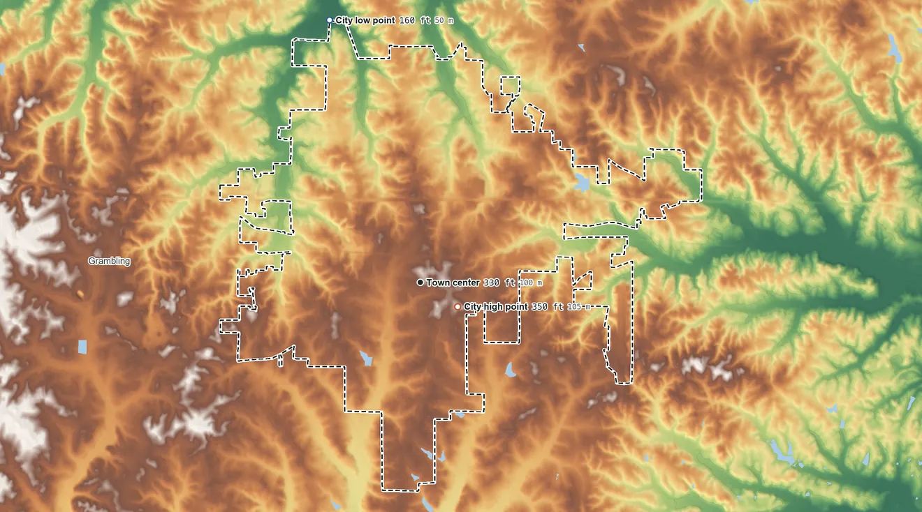 Topographic elevation map of Ruston, Louisiana, shaded from 160 ft on the north side to 350 ft near the middle