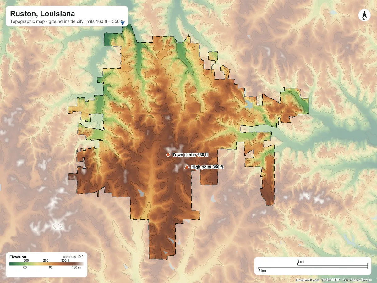 Topographic elevation map of Ruston, Louisiana, shaded from 160 ft on the north side to 350 ft near the middle