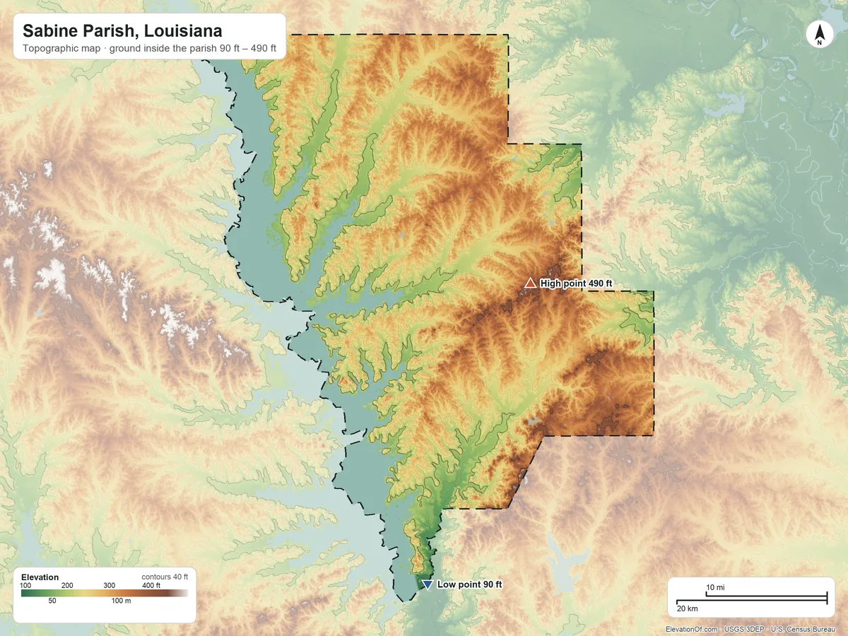 Topographic elevation map of Sabine Parish, Louisiana, shaded from 90 ft on the south side to 490 ft on the east side