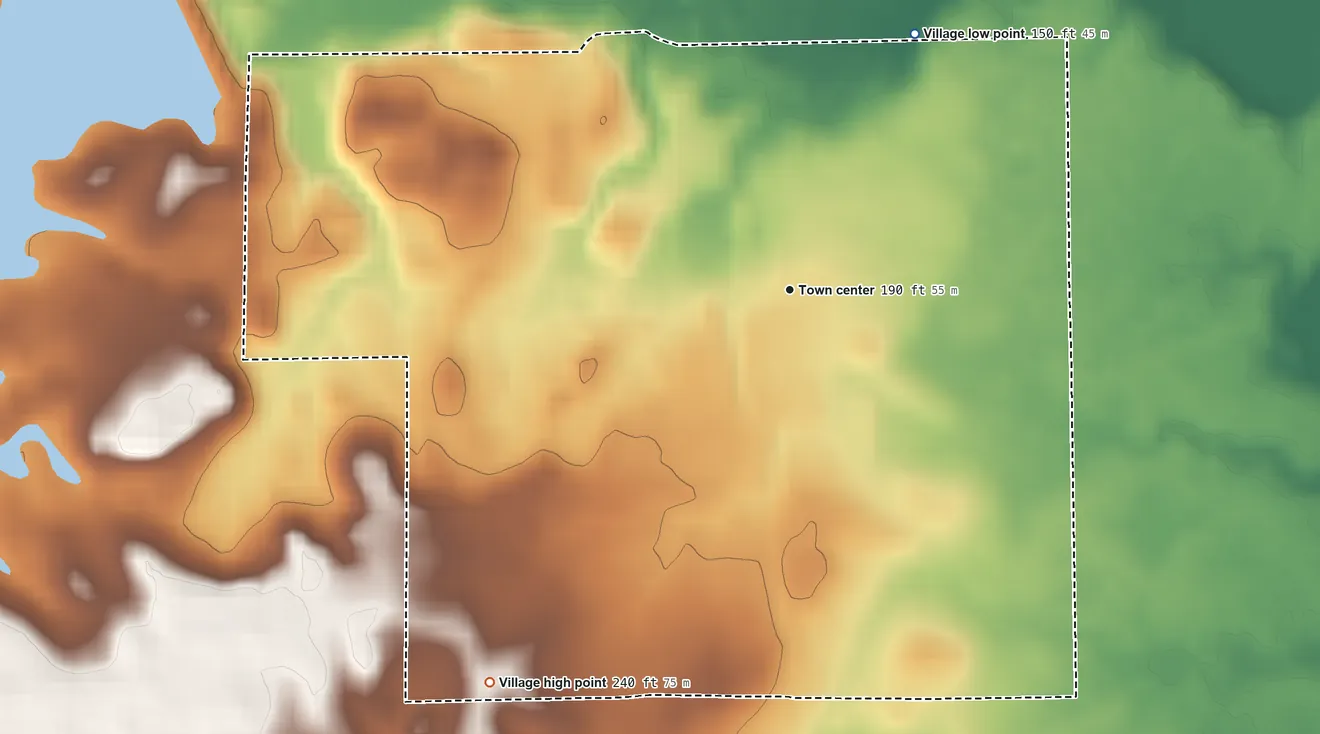 Topographic elevation map of Saline, Louisiana, shaded from 150 ft on the northeast side to 240 ft on the southwest side