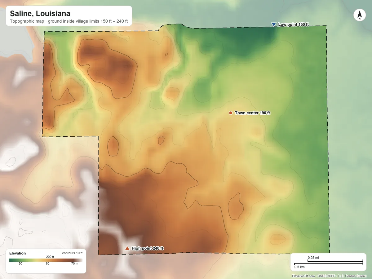 Topographic elevation map of Saline, Louisiana, shaded from 150 ft on the northeast side to 240 ft on the southwest side