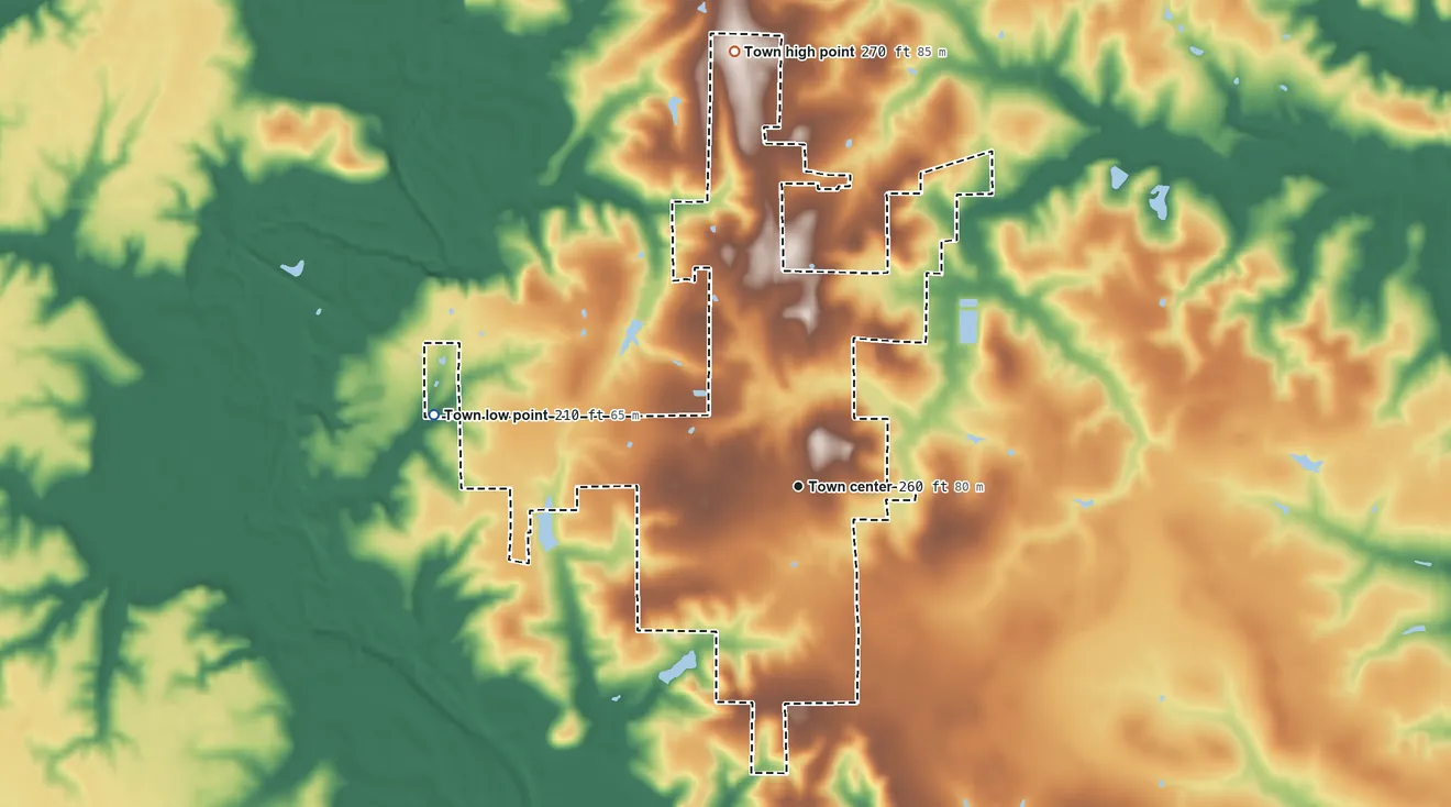 Topographic elevation map of Sarepta, Louisiana, shaded from 210 ft on the west side to 270 ft on the north side