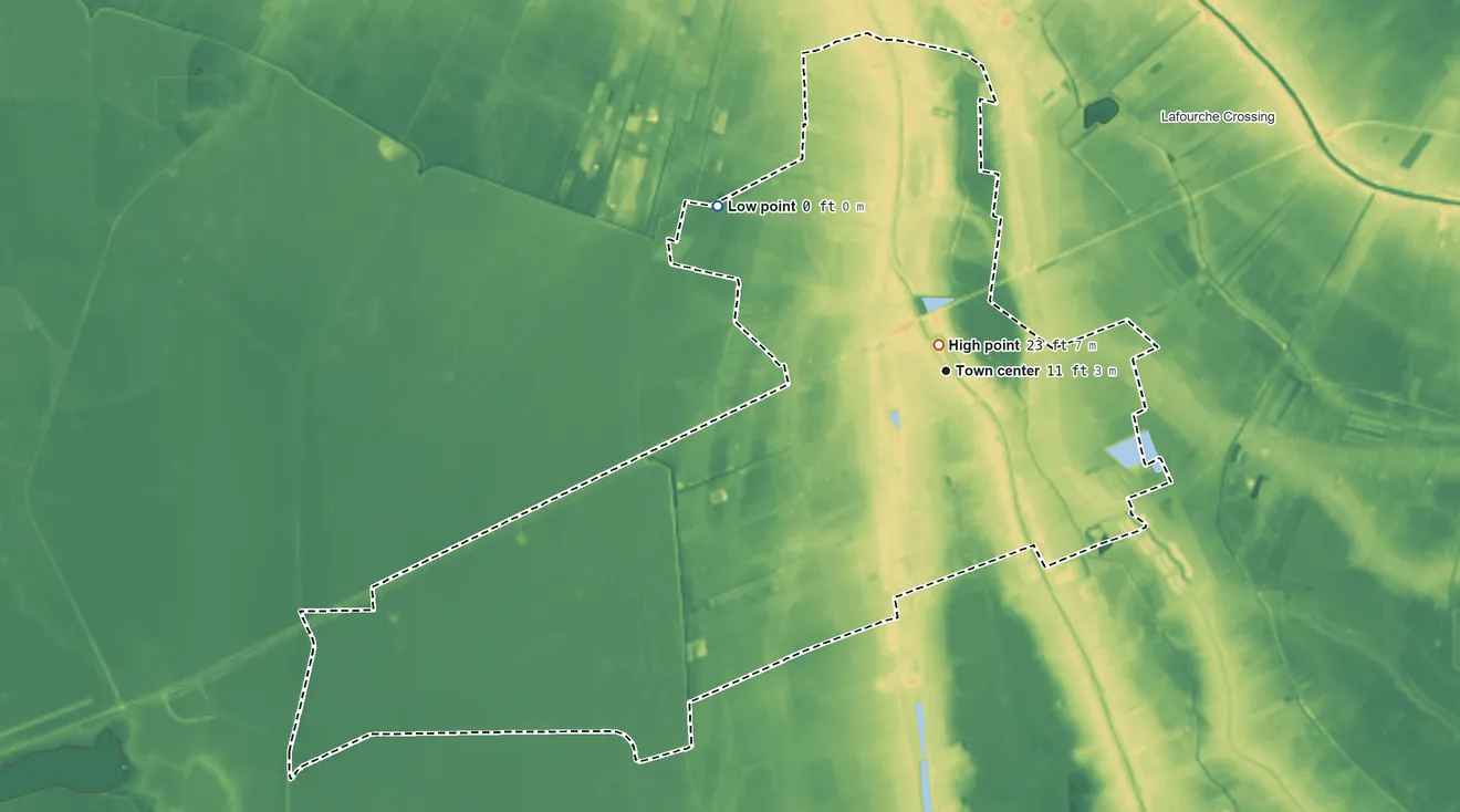 Topographic elevation map of Schriever, Louisiana, shaded from 0 ft on the northwest side to 23 ft near the middle