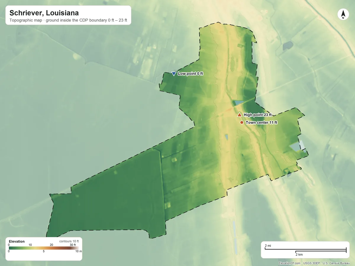 Topographic elevation map of Schriever, Louisiana, shaded from 0 ft on the northwest side to 23 ft near the middle