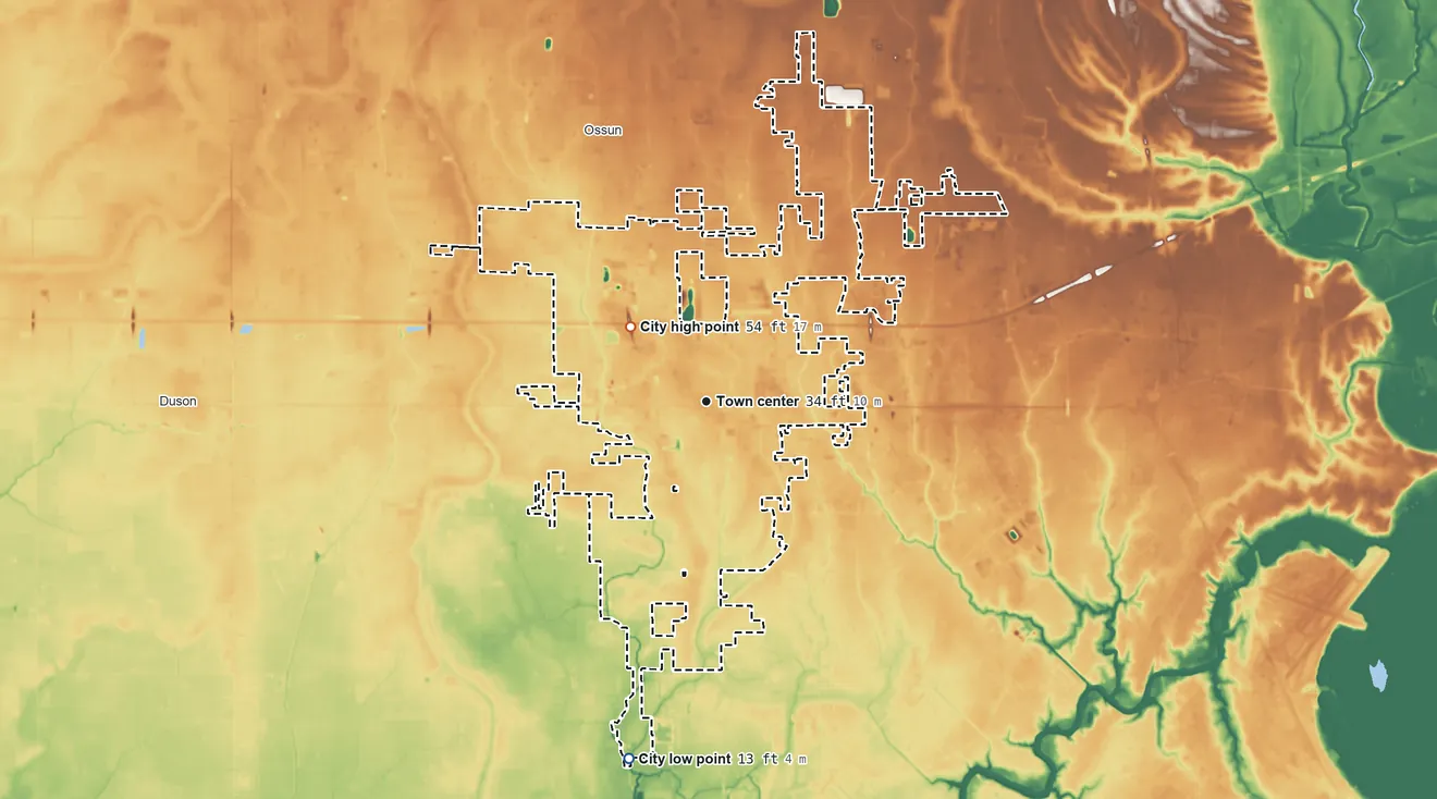 Topographic elevation map of Scott, Louisiana, shaded from 13 ft on the south side to 54 ft on the northwest side