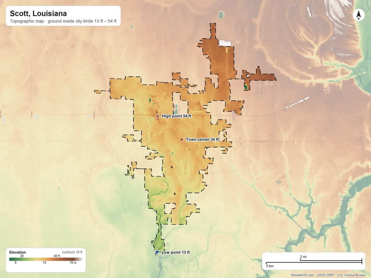 Topographic elevation map of Scott, Louisiana, shaded from 13 ft on the south side to 54 ft on the northwest side