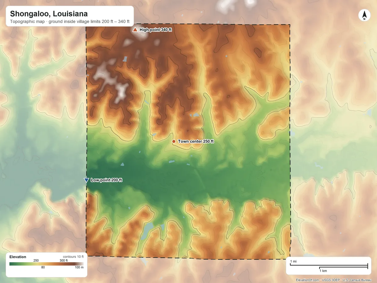 Topographic elevation map of Shongaloo, Louisiana, shaded from 200 ft on the southwest side to 340 ft on the north side
