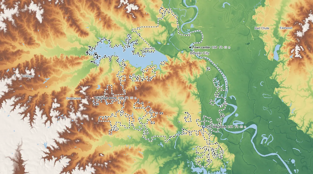 Topographic elevation map of Shreveport, Louisiana, shaded from 140 ft on the south side to 300 ft on the southwest side