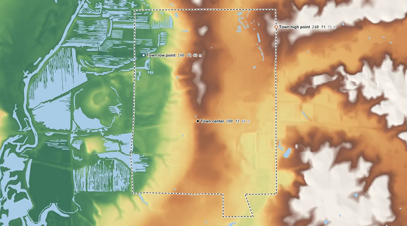 Topographic elevation map of Sibley, Louisiana, shaded from 140 ft on the northwest side to 240 ft on the northeast side