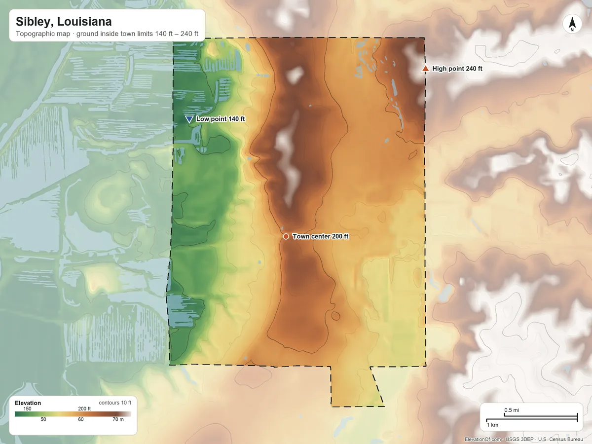 Topographic elevation map of Sibley, Louisiana, shaded from 140 ft on the northwest side to 240 ft on the northeast side