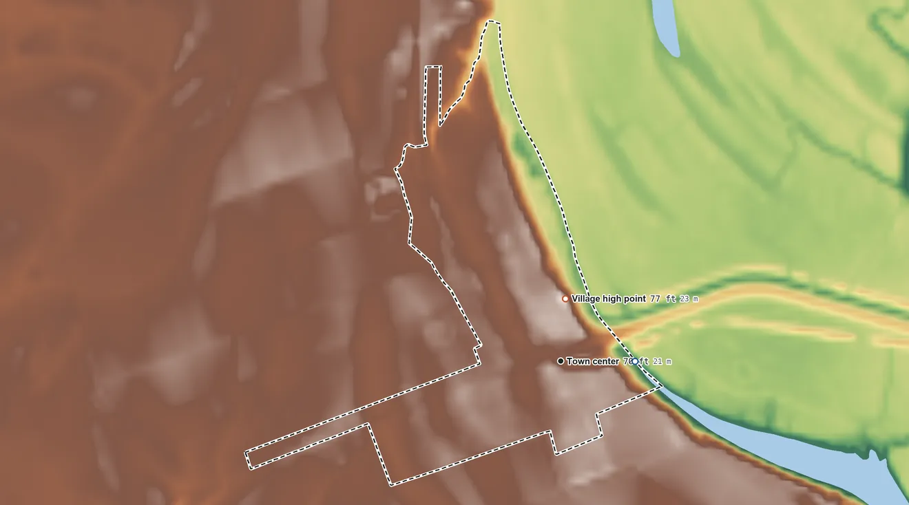 Topographic elevation map of Sicily Island, Louisiana, shaded from 40 ft on the east side to 77 ft on the north side