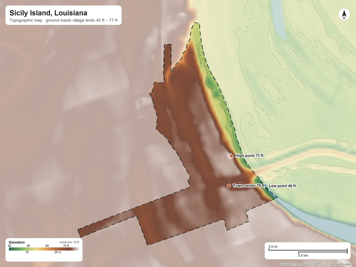 Topographic elevation map of Sicily Island, Louisiana, shaded from 40 ft on the east side to 77 ft on the north side