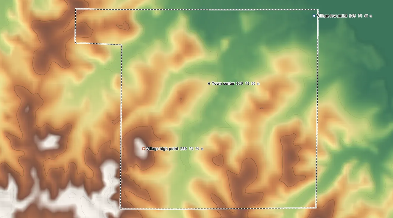 Topographic elevation map of Sikes, Louisiana, shaded from 140 ft on the northeast side to 230 ft on the southwest side