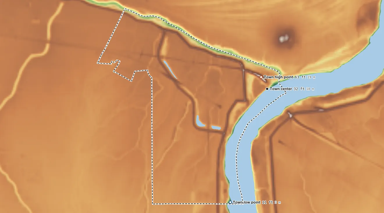 Topographic elevation map of Simmesport, Louisiana, shaded from 11 ft on the south side to 63 ft near the middle