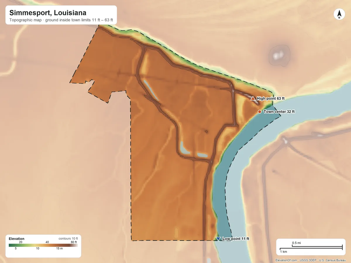Topographic elevation map of Simmesport, Louisiana, shaded from 11 ft on the south side to 63 ft near the middle
