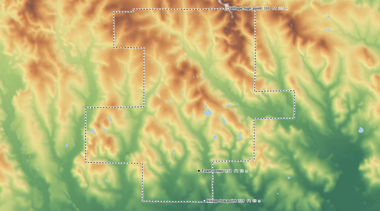 Topographic elevation map of Simpson, Louisiana, shaded from 220 ft on the south side to 380 ft on the north side
