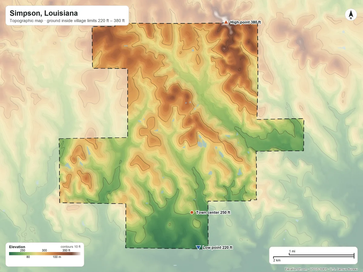 Topographic elevation map of Simpson, Louisiana, shaded from 220 ft on the south side to 380 ft on the north side