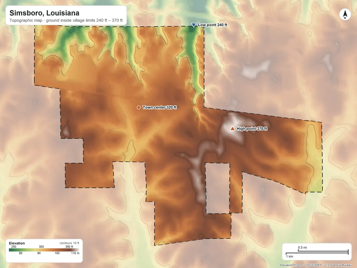 Topographic elevation map of Simsboro, Louisiana, shaded from 240 ft on the northeast side to 370 ft on the east side