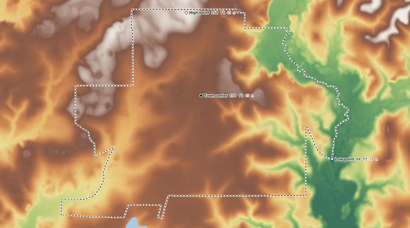 Topographic elevation map of Singer, Louisiana, shaded from 94 ft on the southeast side to 160 ft on the north side